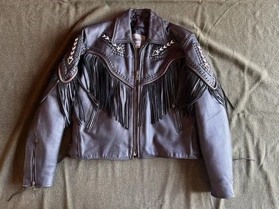 Unik Premier Leather Motorcycle Jacket Fringe Beaded Southwest Womens Sz 16 - Image 1 of 4