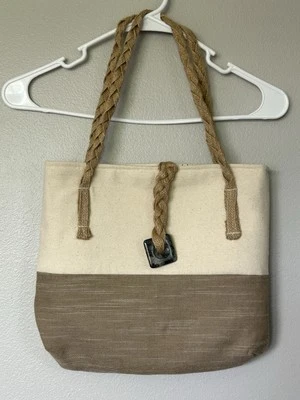 Natural Canvas Braided Rope Handles Mini Tote Bag Purse Crystal Boho Minimalist - Image 1 of 4