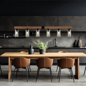 Lampadario Sospeso Lampada Da Soggiorno In Finto Legno Vetro Fumè L 140 Cm - Foto 1 di 10