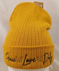 Dollywood Dolly Parton Senf "Peace Love Dolly" Winter Beanie Mütze - NEU mit Etikett! - Bild 1 von 9