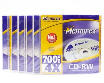 Memorex CD-RW Rewritable Discs - 700MB 4x – Pack of 5 - Data Backup for PC - New - Image 1 of 2