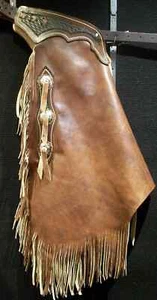 Western Leather Chinks Brown Fringed Rodeo Chaps with Basket Tooled Yoke Belt - Picture 1 of 5