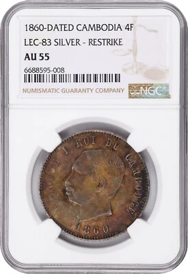 CAMBOJA. 4 francos, 1860 Restrike LEC 83 Norodom I. NGC AU 55 - Imagem 1 de 4