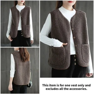 Women Sherpa Fleece Vest Sleeveless Jacket Cardigan Outwear Gilet Pockets Top - Picture 1 of 18