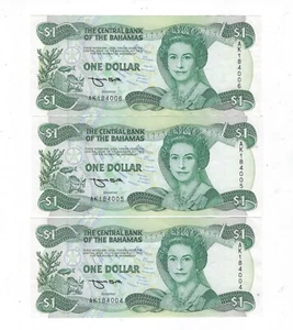 Bahamas $1 x 3 | 1974 Series, Consecutive SN with Lucky 8, Queen Elizabeth BH3A - Picture 1 of 3