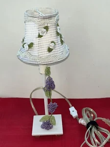 14” BOUDOIR ACCENT LAMP PURPLE BEADED FLOWERS METAL BASE W’ WHITE FLORAL SHADE - Picture 1 of 8