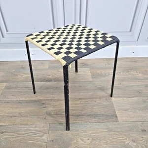 Retro Vintage Small Mid Century Modern Black & White Chequered Metal Stool - Picture 1 of 24