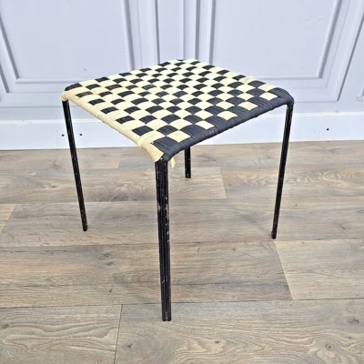 Retro Vintage Small Mid Century Modern Black & White Chequered Metal Stool - Image 1 of 4