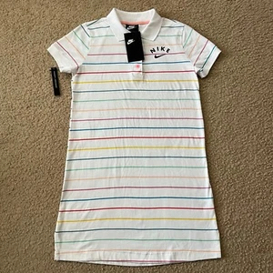 NWT Nike Girls White Multicolor Striped Polo Dress Size Medium - Picture 1 of 5