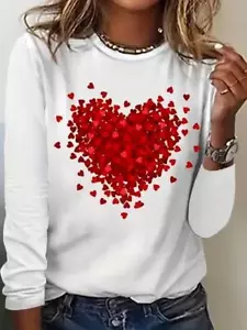 Fashion Women Red Heart Print Crew Neck T-Shirt Casual Long Sleeve Clothing New - Picture 1 of 3