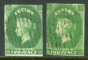 Ceylon 1857-59 imperf. 2d both shades SG 3 & 3a used (cat. £155) 'H' - Picture 1 of 1
