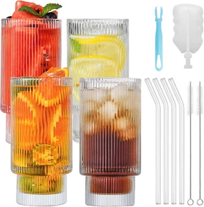 Bicchieri Vetro Coste Con Cannuccia E Spazzole Bicchieri Acqua Vetro 500 Ml/17.6 - Foto 1 di 12