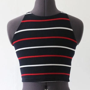 Women's American Apparel Navy Red White Striped Crop Bodycon Vest Tank Top XS - Picture 1 of 4
