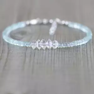 Bracciale 3mm Acquamarina Naturale Herkimar Diamante Sfaccettato Rondelle Pietre Preziose Perline - Foto 1 di 6