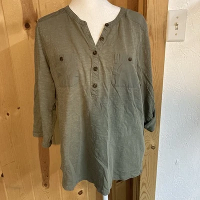 Top LL Bean Popover Manga 3/4 Pestañas Verde Oliva 100% Algodón Hecho en Vietnam Talla L Foto 1 de 4
