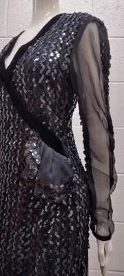 Cocktail Black Sequin Dress Bombshell Chiffon Sleeve 80s CLYMAX Karen Okada - Image 1 of 4