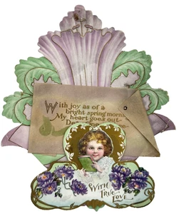 Antique Die-Cut Stand Up Layered Floral Valentine Card With True Love 1800s - Picture 1 of 9