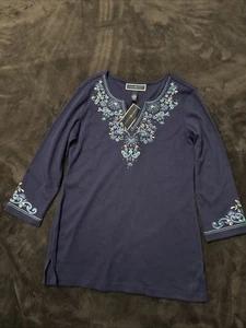 Karen Scott beaded floral accent v-neck top, Size XS, Navy Blue - Picture 1 of 4