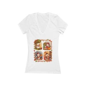 Herbst-Themen Ente Damen V-Ausschnitt T-Shirt, süßes Herbstshirt, bequem jeden Tag - Bild 1 von 3