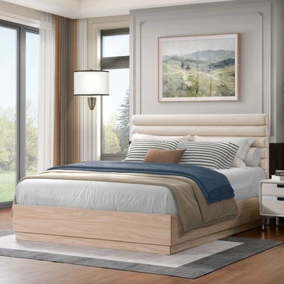 Queen Wood Bed Frame with Boucle Fabric Upholstered Headboard - Изображение 1 из 4