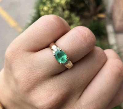 Anillo de boda esmeralda de oro amarillo macizo de 14 quilates # esmeralda natural de Zambia de 2,80 quilates todo Foto 1 de 4
