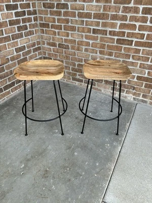 2 Wood & Rod Iron Stools. 24 Inch High - Image 1 of 3