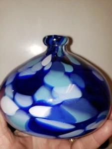 Vtg '96 Signed Hand Blown Glass Vase Reed Diffuser Blues Blue Murano Paperweight - Picture 1 of 9