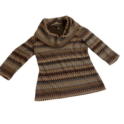 INC International Concepts Brown Pattern Cowl Neck 3/4 Sleeve Top Retro Y2k - Image 1 of 4