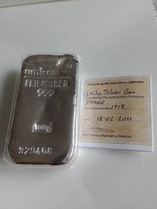 UMICORE 1 KILO 999 FINE SILVER BAR - WITH CERTIFICATION CARD - IN EXCELLENT COND - Picture 1 of 2