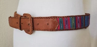 VTG Guatemala Belt Women Medium Folk Art Leather Colorful Woven Cotton Flaws 30" - Image 1 of 4