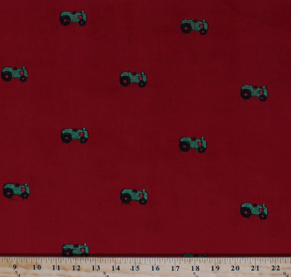 Fine-wale Corduroy Embroidered Green Farm Tractors on Red Fabric BTY D254.08 - Image 1 of 1