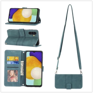 For Various Phone Leather Wallet Flip +Crossbody Strap Card Bag Stand Case Cover - Picture 1 of 12