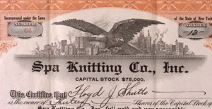 1924 Spa Knitting Co Capital Stock Certificate 13 Shares Factory Illustration - Bild 1 von 3