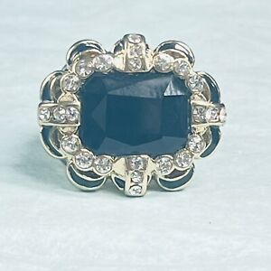Paula Abdul Art Deco Ring Statement Size 8.5 Black Enamel Crystal STATEMENT 