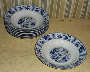 7 Blue Heron bowls FLORAL & BIRDS pattern. Blue & White Chinoiserie. 8 " W. - Picture 1 of 5