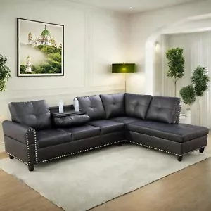 Leather Sectional Couch Sofa, Modern Nail-Head Design L Shaped Sectional Sofa - Picture 1 of 6