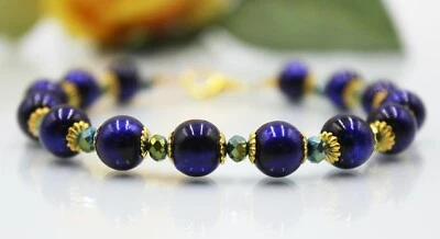 Glass Jewels Gold  Armband Perlen Blau Grün Hippie Boho Länge 19 cm #H078 - Bild 1 von 3