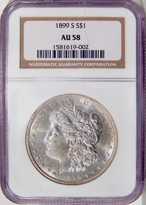 1899-S $1 NGC AU 58 ~ PQ NEAR UNCIRCULATED SILVER MORGAN DOLLAR - Image 1 of 2