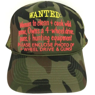 Chapéu feminino procurado vintage engraçado camuflagem soletrar logotipo malha espuma caminhoneiro Snap Back Cap - Imagem 1 de 4