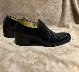 Vtg 70’s 1970s Men's Black PLATFORM Heels DISCO Dress Shoes sz 8 Loafers 2" Heel - Picture 1 of 9