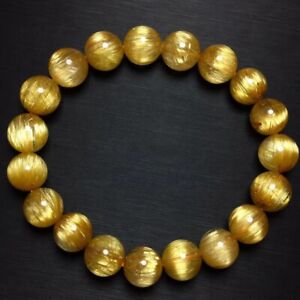 10mm Natural Gold Rutilated Quartz Titanium Stretch Crystal Beads Bracelet