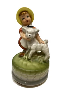 Vintage Little Girl Yellow Bonnet With Music Box Old Ceramic Figure - Picture 1 of 9