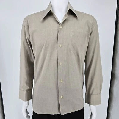 Vintage 1970s Taupe Wide Collar French Cuff Long Sleeve Pocket Dress Shirt (L) - Image 1 of 4