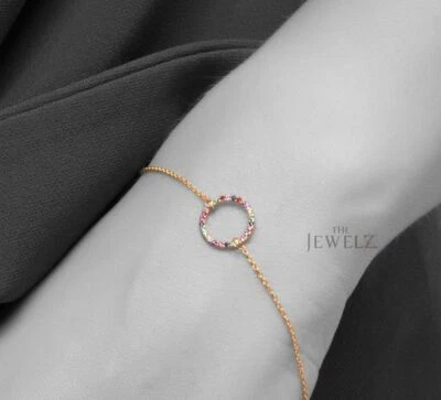 14K Gold 0.36 CTMulti Sapphire Gemstone Rainbow Open Circle Chain Bracelet - Image 1 of 4