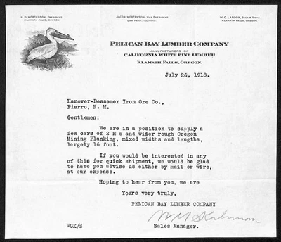 Pelican Bay Lumber Company 1918 Klamath Falls, O membrete re: coches RR con 2x6 Foto 1 de 2