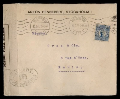 DR WHO 1917 SUECIA A FRANCIA PRIMERA GUERRA MUNDIAL CENSOR w380 Foto 1 de 2