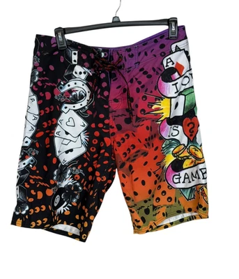 ED HARDY Hombres Board Shorts Talla 34 Multicolor Love is a Gamble Dados Tarjeta Gráfico Foto 1 de 4