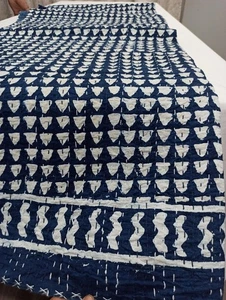 Vintage Blau Hand Blockdruck Kantha Quilt Tagesdecke Decke Überwurf Baumwolle Gudari - Bild 1 von 7