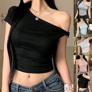 Summer Solid Color Off Shoulder T Shirt Women's Casual Short Sleeve Crop Top - Picture 1 of 40