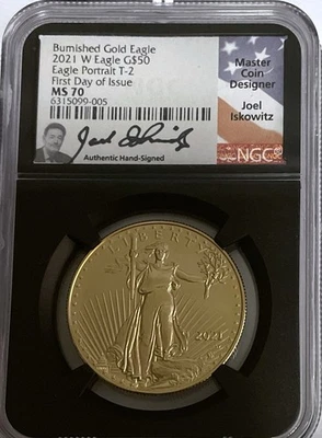 2021-W Burnished Type 2 $50 Gold Eagle MS70 NGC FDOI Signed by Joel Iskowitz - Image 1 of 2